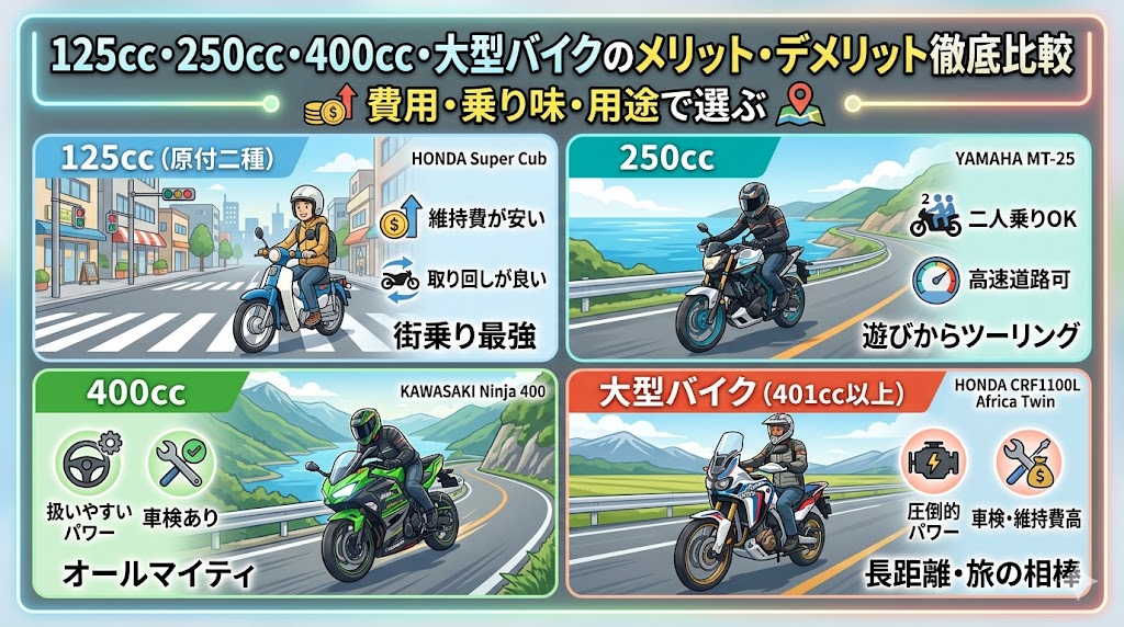 125cc・250cc・400cc・大型バイクのメリット・デメリット比較2026
