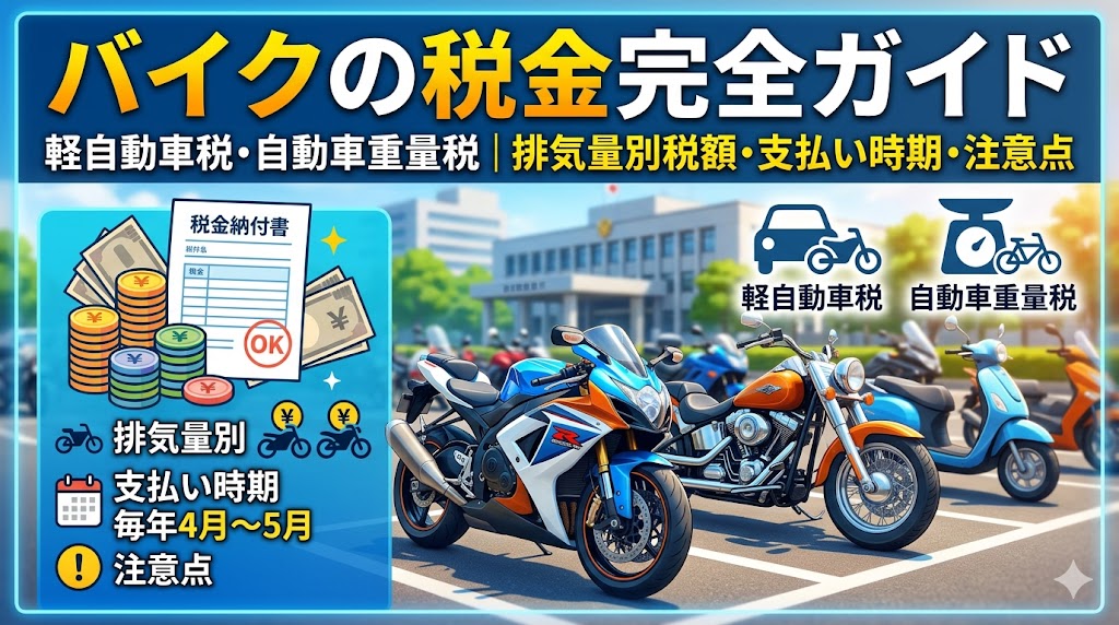 バイクの税金完全ガイド2026年版｜軽自動車税・自動車重量税の排気量別税額・支払い時期・注意点