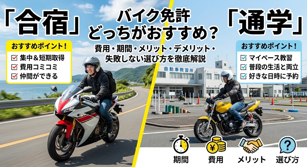 バイク免許の合宿と通学どっちがおすすめ2026年版｜費用・期間・メリット・デメリット・失敗しない選び方