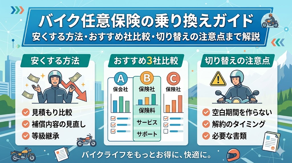 バイク任意保険の乗り換えガイドのアイキャッチ画像。「安くする方法」「おすすめ3社比較」「切り替えの注意点」の3つのポイントを、バイクに乗る人のイラストと共に分かりやすくまとめた図解。
