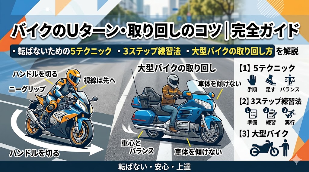バイクのUターン・取り回しのコツ完全ガイド2026年版｜転ばない5テクニック・3ステップ練習法・大型バイクの取り回し