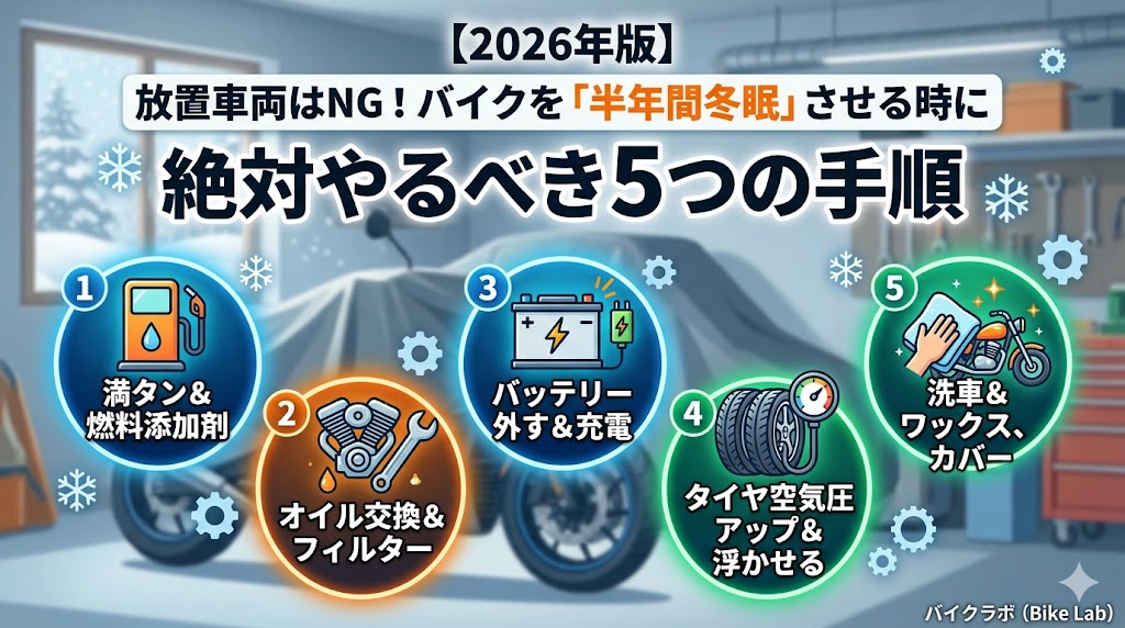 バイクの冬眠・長期保管の5つの手順｜春に確実に走り出せる完全ガイド