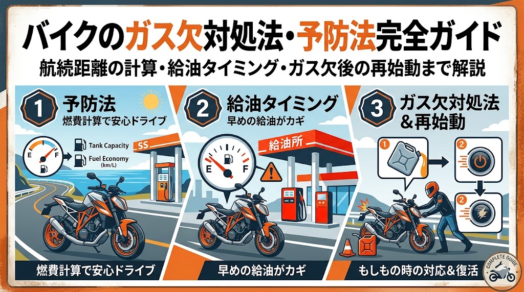 バイクのガス欠対処法・予防法完全ガイド｜航続距離計算・給油タイミング・再始動手順2026年版