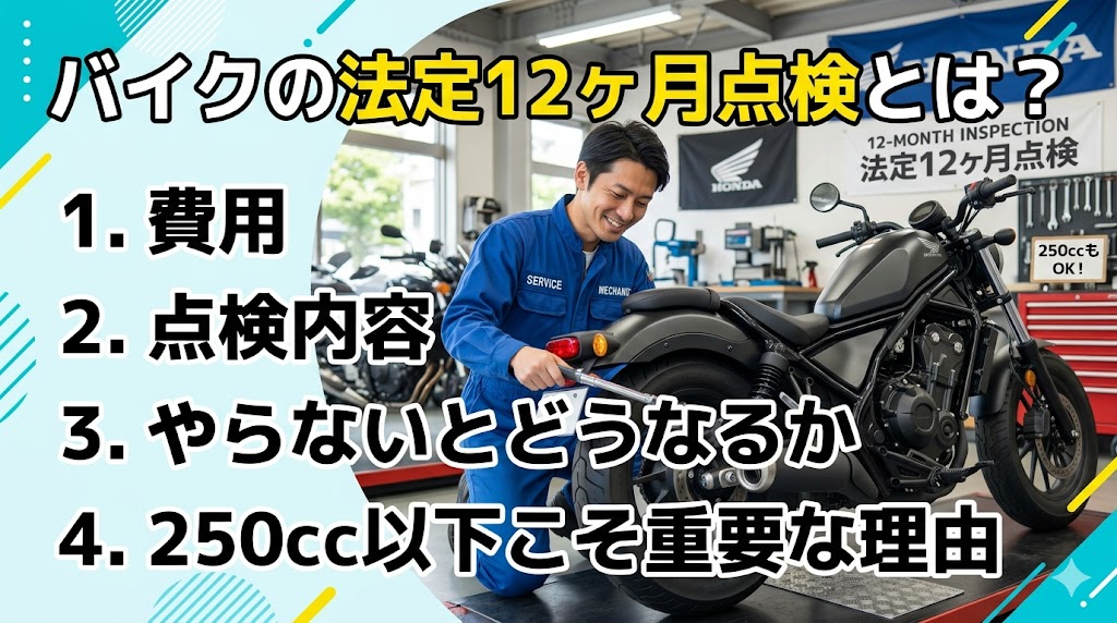 バイクの法定12ヶ月点検2026年版｜費用・点検内容・やらないとどうなるか・250cc以下こそ重要な理由