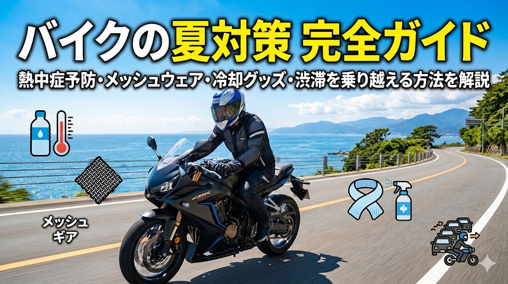 バイクの夏対策完全ガイド2026年版｜熱中症予防・メッシュウェア・冷却グッズ・渋滞の熱地獄を乗り越える方法