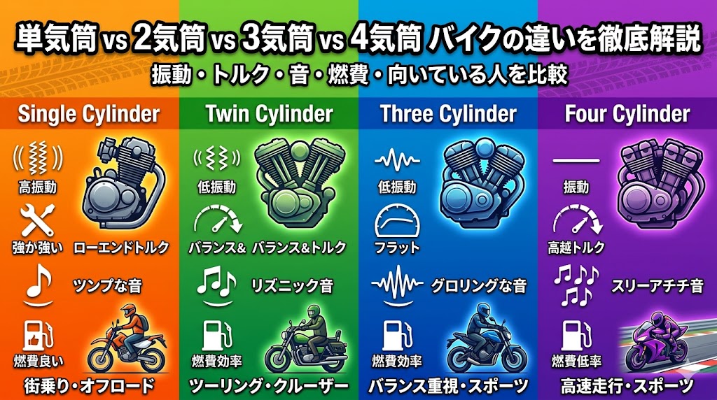 単気筒vs2気筒vs3気筒vs4気筒バイクの違いを解説｜振動・トルク・音・燃費・向いている人を比較