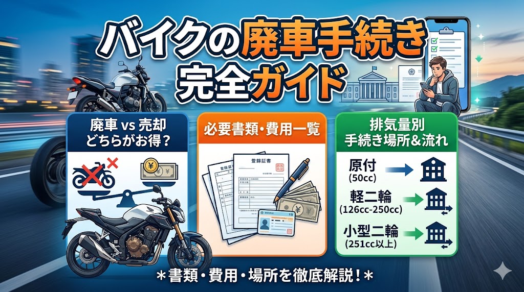バイクの廃車手続き完全ガイド2026年版｜廃車と売却どちらがお得？書類・費用・手続き場所を排気量別に解説