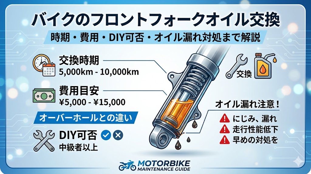 バイクのフロントフォークオイル交換時期・費用・DIY可否2026年版｜オーバーホールとの違い・オイル漏れ対処