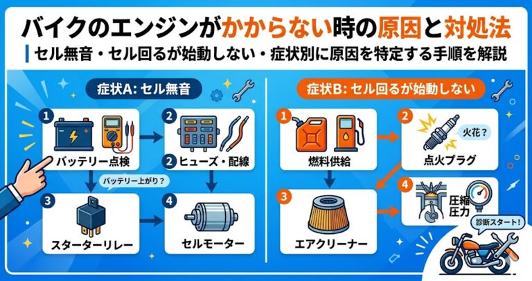 【2026年版】バイクのエンジンがかからない時の原因と対処法｜セル無音・セル回るが始動しない・キャブ車とインジェクションの違いまで解説 | で ...