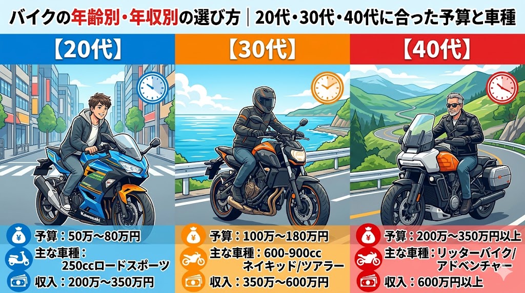 バイクの年齢別・年収別の選び方｜20代・30代・40代に合ったバイクの予算と車種選びを解説