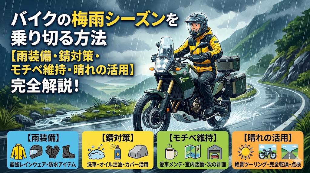 バイクの梅雨シーズンを乗り切る方法2026年版｜雨装備・錆対策・モチベーション維持・晴れの日の活かし方