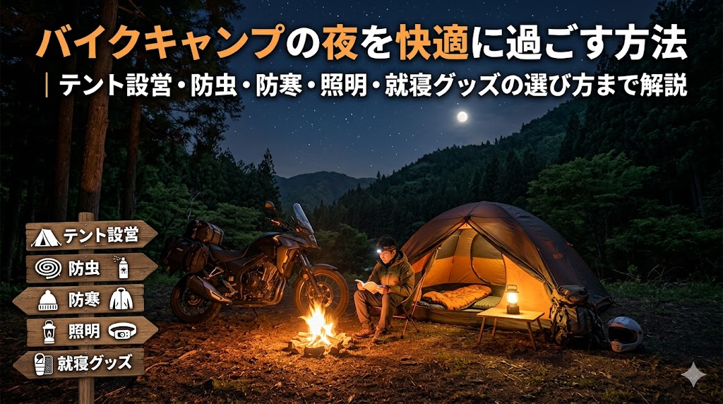 バイクキャンプの夜を快適に過ごす方法｜テント設営・防虫・防寒・照明・就寝グッズの選び方まで解説